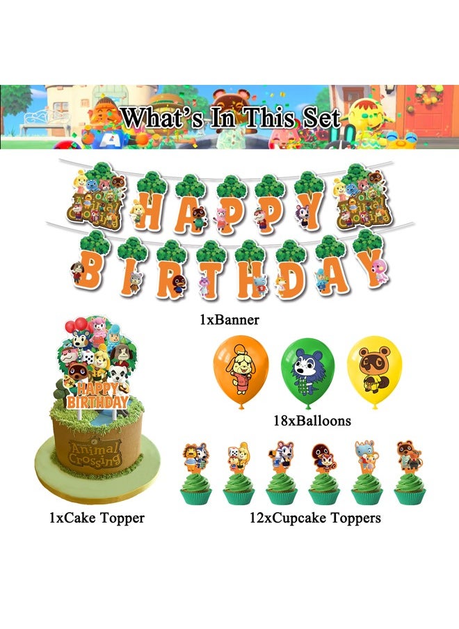 Animal Crossing Balloon Set with Happy Birthday Banner,Cake Topper,Perfect for Graduation Baby Shower Birthday Bachelorette Party Backdrop Decoration,Suitable for Indoor and Outdoor
