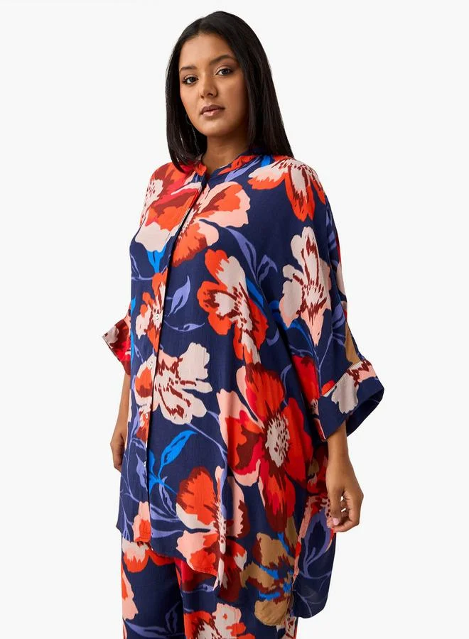 Ulla Popken Plus Size Ulla Popken All-Over Floral Print Top with 3/4 Sleeves