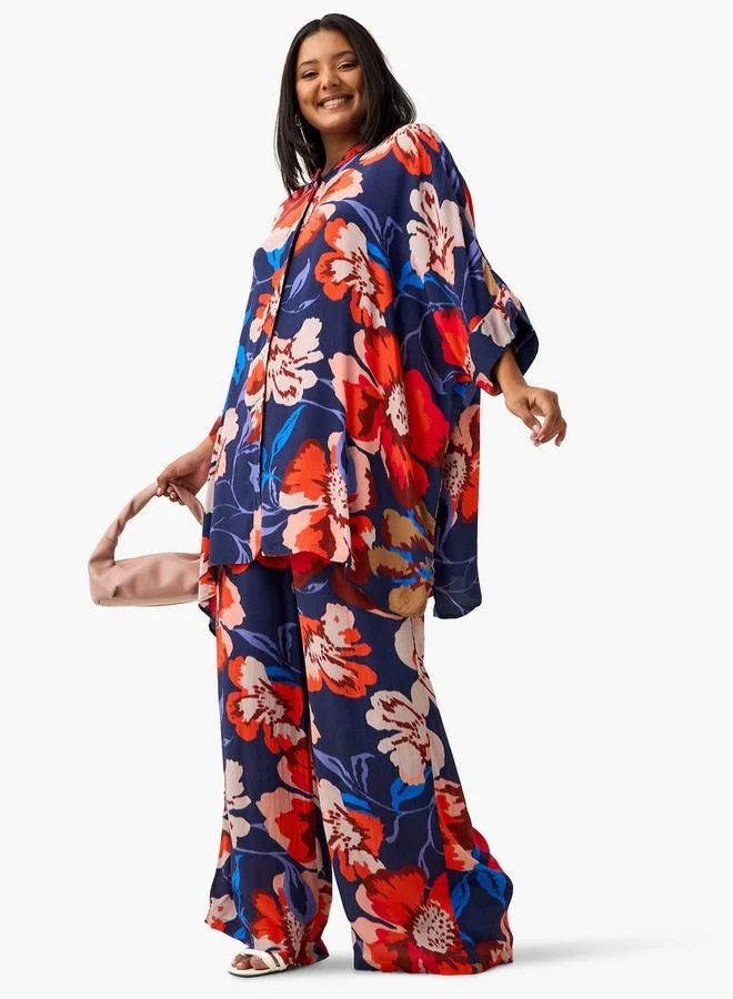 Ulla Popken Plus Size Ulla Popken All-Over Floral Print Top with 3/4 Sleeves