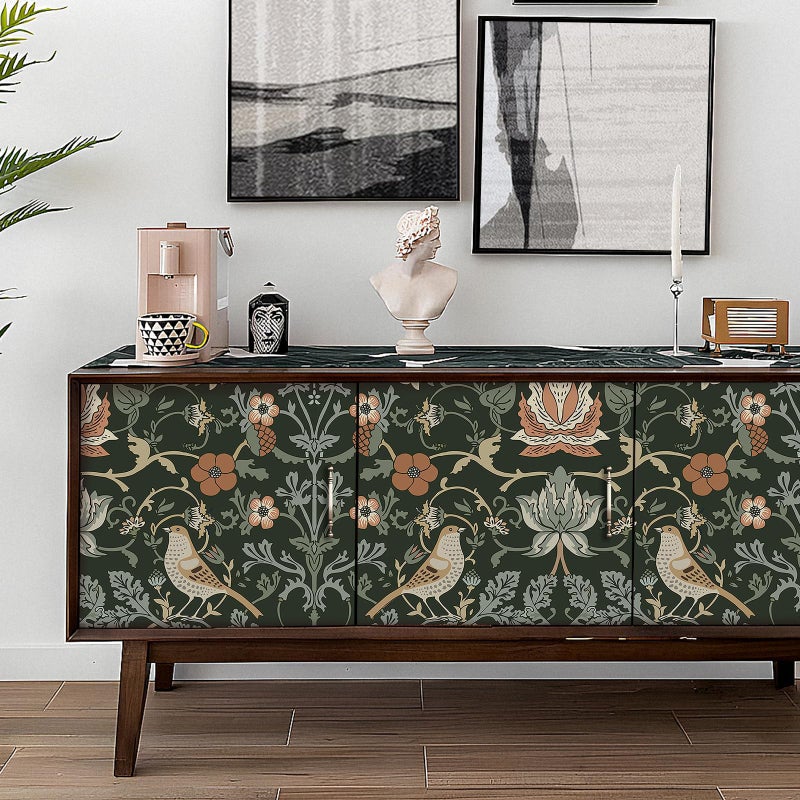 Livelynine Green William Morris Wallpaper Peel and Stick Vintage Botanical Birds Strawberry Thief Antique Black Victorian Wallpaper Prepasted 17.5x78.8 Removable Vintage Contact Paper for Kitchen - Image 2