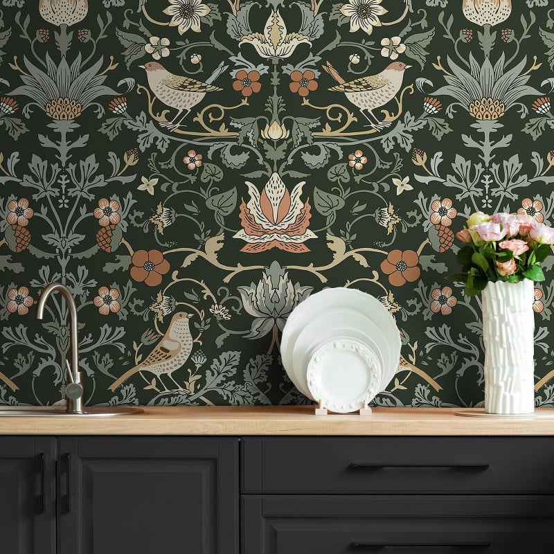Livelynine Green William Morris Wallpaper Peel and Stick Vintage Botanical Birds Strawberry Thief Antique Black Victorian Wallpaper Prepasted 17.5x78.8 Removable Vintage Contact Paper for Kitchen - Image 3