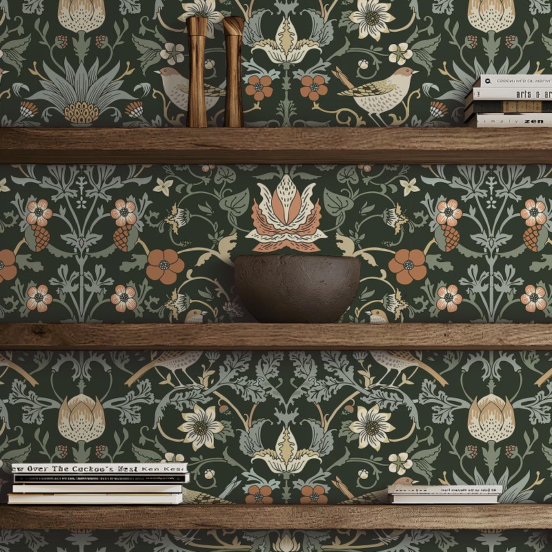 Livelynine Green William Morris Wallpaper Peel and Stick Vintage Botanical Birds Strawberry Thief Antique Black Victorian Wallpaper Prepasted 17.5x78.8 Removable Vintage Contact Paper for Kitchen - Image 4