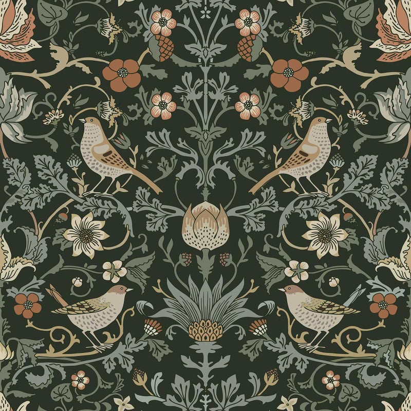 Livelynine Green William Morris Wallpaper Peel and Stick Vintage Botanical Birds Strawberry Thief Antique Black Victorian Wallpaper Prepasted 17.5x78.8 Removable Vintage Contact Paper for Kitchen - Image 1