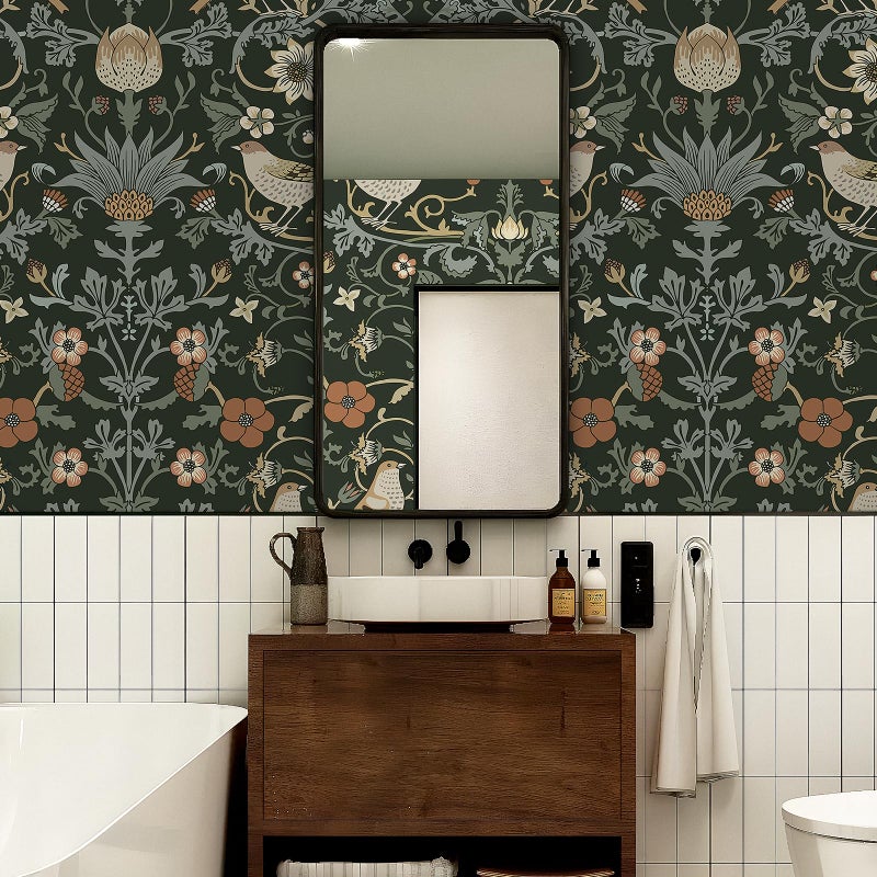 Livelynine Green William Morris Wallpaper Peel and Stick Vintage Botanical Birds Strawberry Thief Antique Black Victorian Wallpaper Prepasted 17.5x78.8 Removable Vintage Contact Paper for Kitchen - Image 5