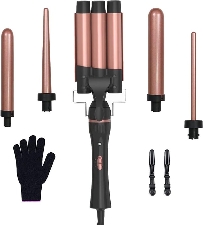 AccLoo 5 in 1 Beauty Curling Wand Set (9-32mm), 3 Barrel Curler, Fast Heating PTC, Tourmaline Ceramic Coating, Anti-Frizz, Adjustable Temperature (180-210°C), Include Heat-Resistant Glove & 2 Clips - Image 1