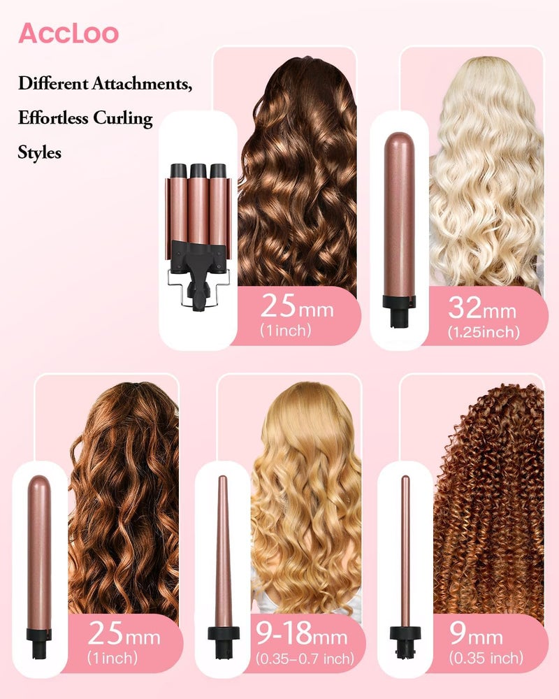 AccLoo 5 in 1 Beauty Curling Wand Set (9-32mm), 3 Barrel Curler, Fast Heating PTC, Tourmaline Ceramic Coating, Anti-Frizz, Adjustable Temperature (180-210°C), Include Heat-Resistant Glove & 2 Clips - Image 2