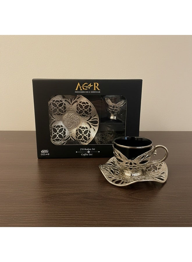 أكار طقم قهوة تركية فاخر من فنجانين مع حوامل وصحون بالتراث العثماني الأنيق باللون الأسود والفضي – صناعة تركية - Image 1