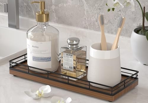 Focusonit Oak Bathroom Toilet Tank Tray, 13" Wood Back of Toilet Paper Storage Tank Topper Basket, Vanity Tray for Perfume Makeup Candle Toiletry Organizer for Kitchen Coffee Table Walnut Tray Decor - Image 1