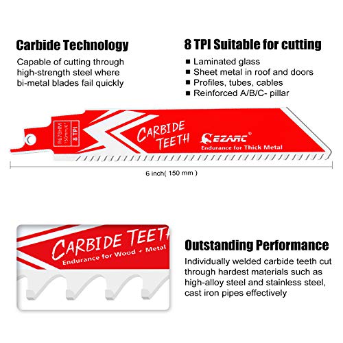 EZARC Carbide Reciprocating Saw Blade R678HM Endurance for Thick Metal, Cast Iron, Alloy Steel 6-Inch 8TPI, 3-Pack - Image 2