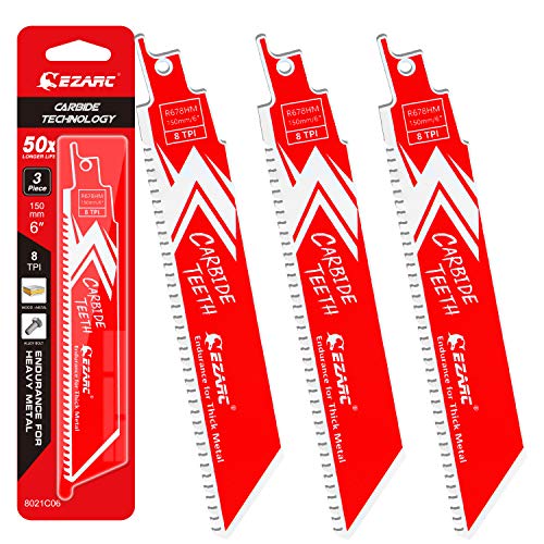 EZARC Carbide Reciprocating Saw Blade R678HM Endurance for Thick Metal, Cast Iron, Alloy Steel 6-Inch 8TPI, 3-Pack - Image 1
