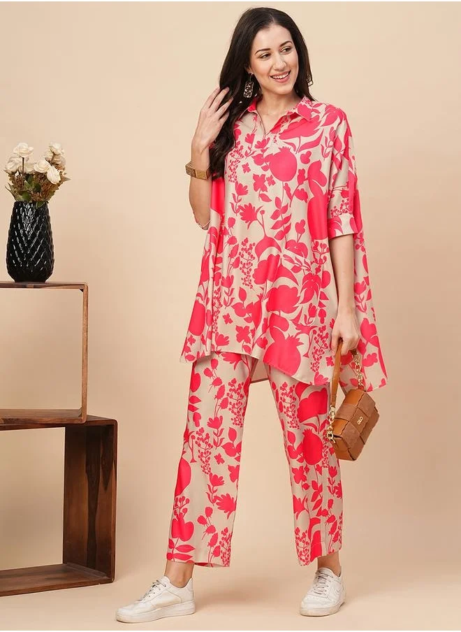 جلو باص Globus Women Beige & Pink Allover Floral Print Shirt Style Kaftan Top & Trousers Co-Ord Set