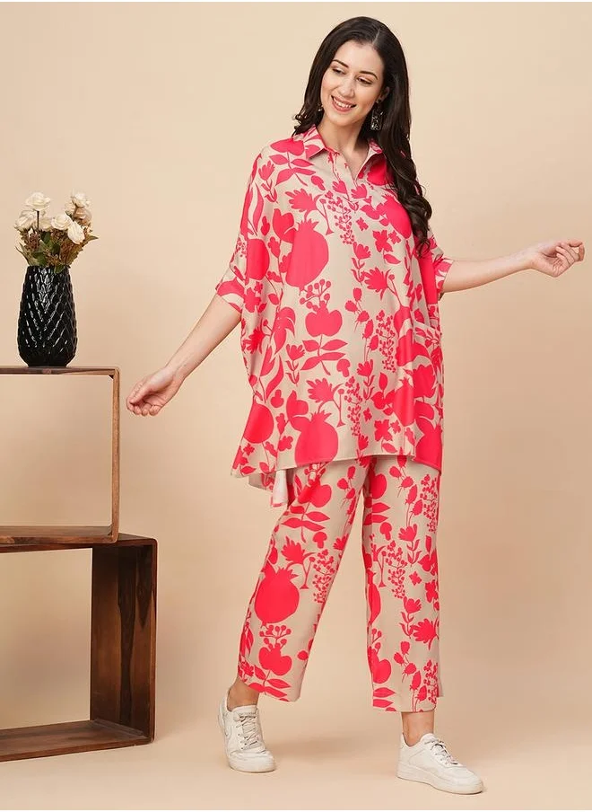 جلو باص Globus Women Beige & Pink Allover Floral Print Shirt Style Kaftan Top & Trousers Co-Ord Set