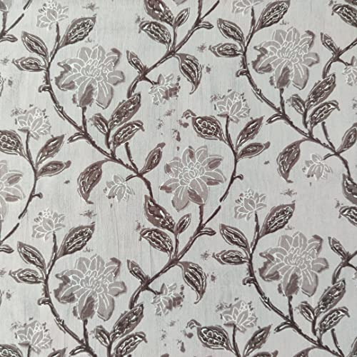 AVKA Studio Hand Block Print Fabric by The Yard - PRECUT 1 Yard 42 Inch Width - 100% Cotton Material - Taupe Floral Pattern - Light Weight Indian Cloth for Making Summer Dress Tops Indian Fabric etc - Image 1