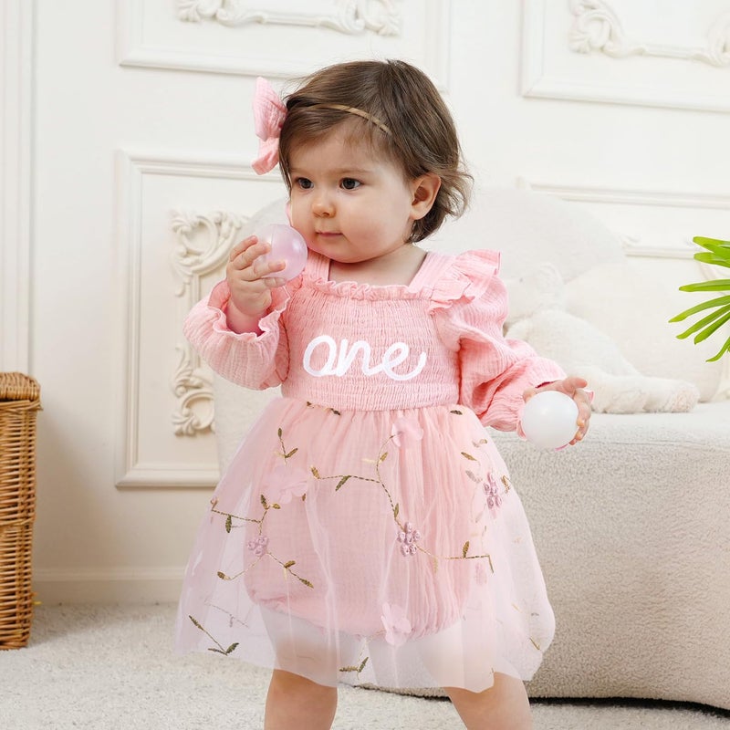 HONGTEYA Baby Girl 1st Birthday Outfit First Birthday Gifts Long Sleeve Tulle Dress One Year Old Bodysuit Clothes (US, Age, 9 Months, 12 Months, Pale Pink) - Image 2