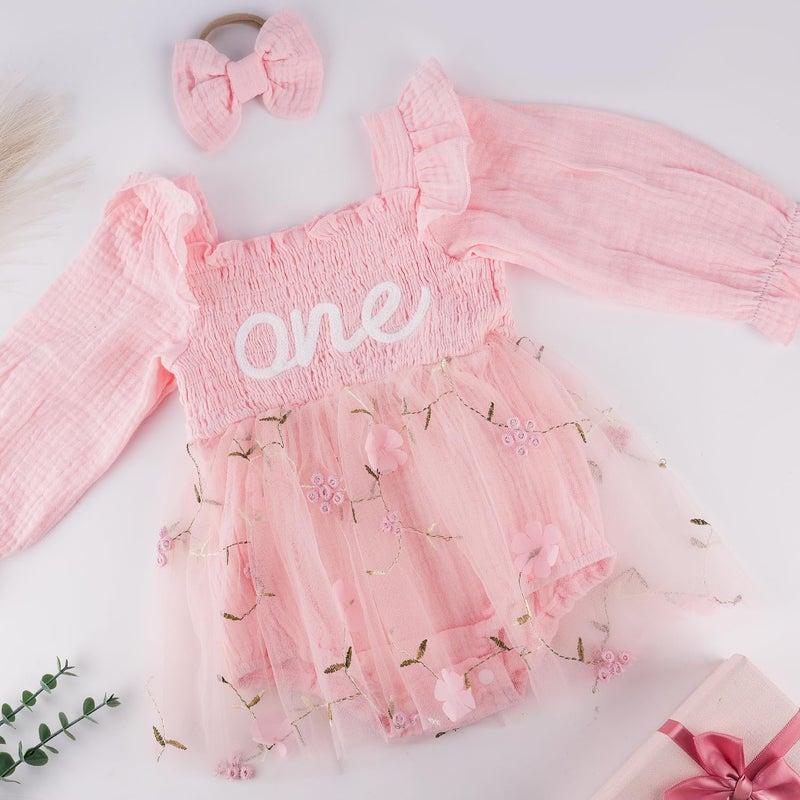 HONGTEYA Baby Girl 1st Birthday Outfit First Birthday Gifts Long Sleeve Tulle Dress One Year Old Bodysuit Clothes (US, Age, 9 Months, 12 Months, Pale Pink) - Image 3