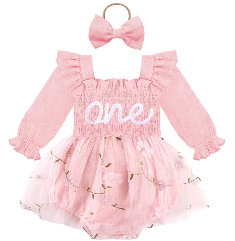 HONGTEYA Baby Girl 1st Birthday Outfit First Birthday Gifts Long Sleeve Tulle Dress One Year Old Bodysuit Clothes (US, Age, 9 Months, 12 Months, Pale Pink) - Image 1