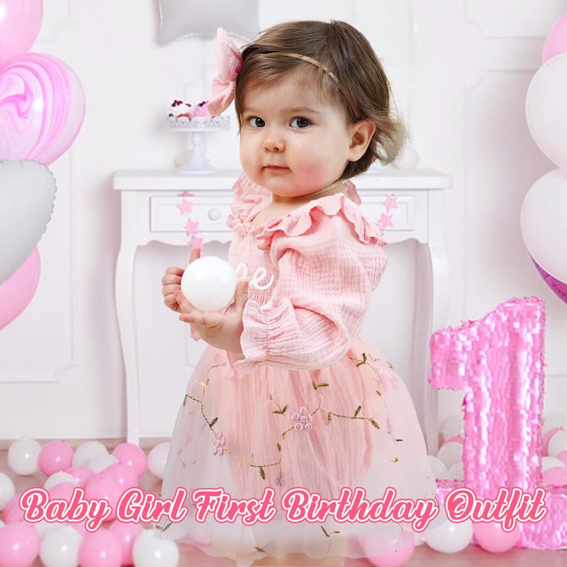 HONGTEYA Baby Girl 1st Birthday Outfit First Birthday Gifts Long Sleeve Tulle Dress One Year Old Bodysuit Clothes (US, Age, 9 Months, 12 Months, Pale Pink) - Image 4