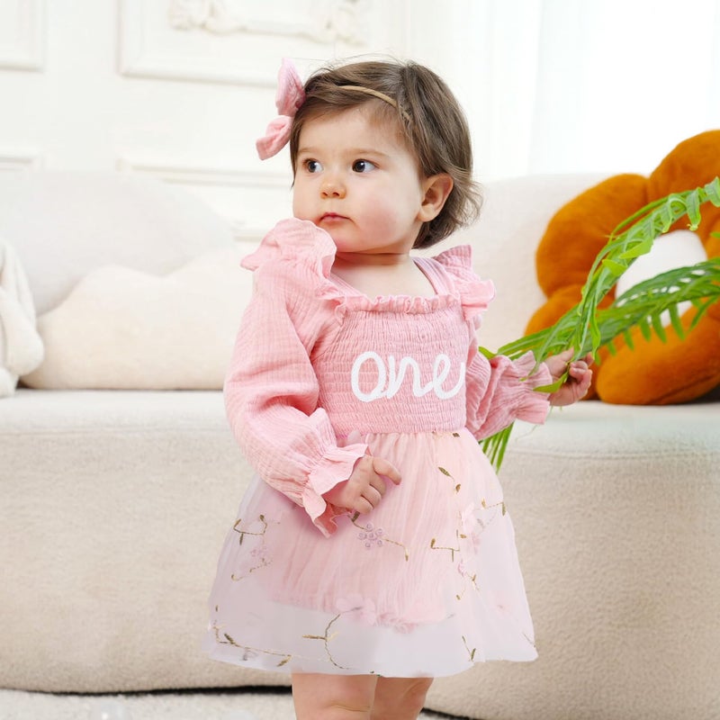 HONGTEYA Baby Girl 1st Birthday Outfit First Birthday Gifts Long Sleeve Tulle Dress One Year Old Bodysuit Clothes (US, Age, 9 Months, 12 Months, Pale Pink) - Image 5