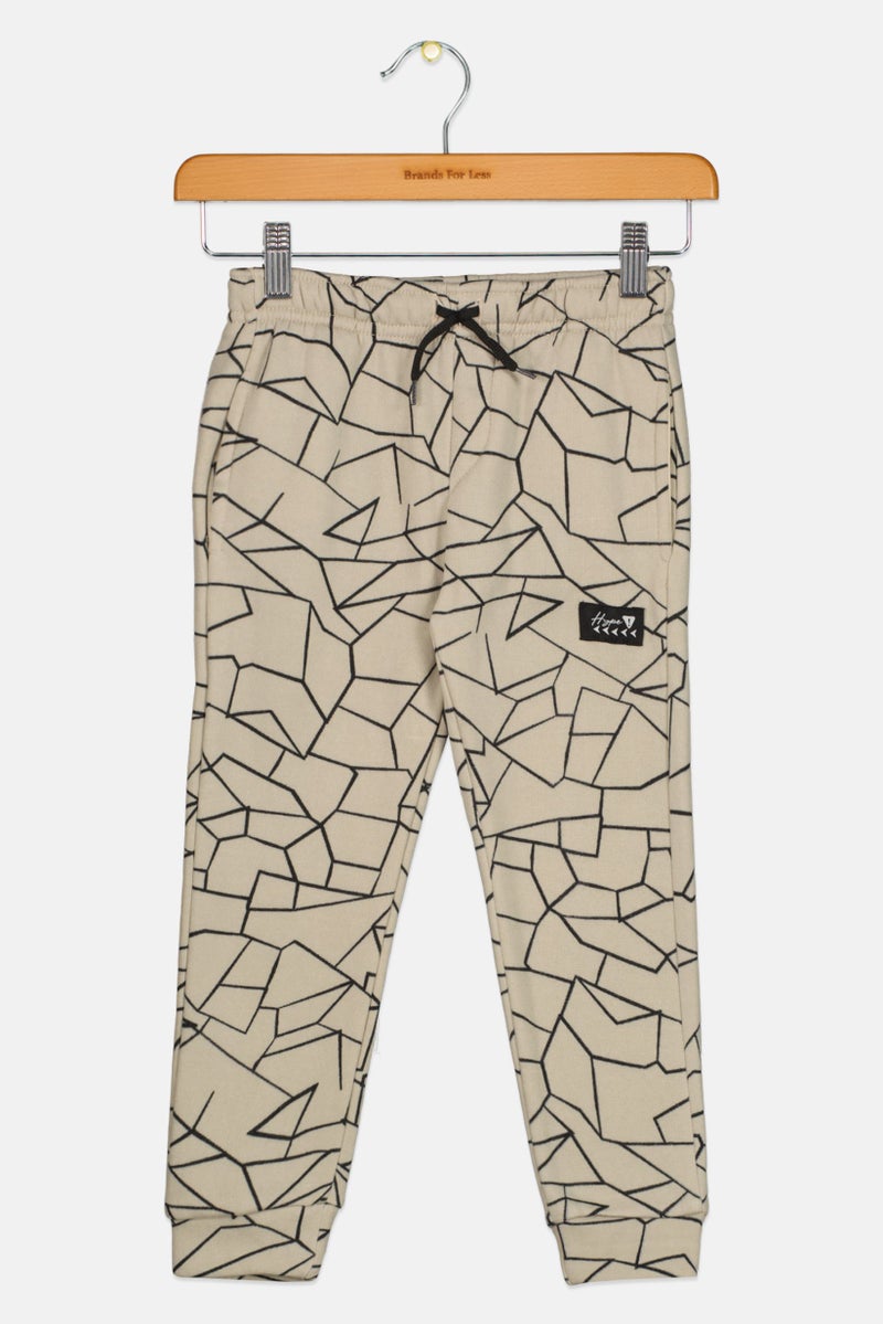 brooklyn Kids Boy Drawstring Allover Print Jogger Pants, Beige  - Image 1