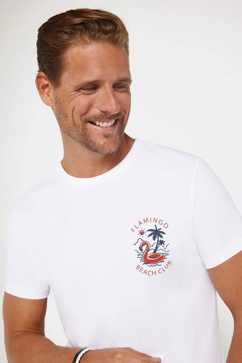 تودورس Men's Slim Fit Slim Cut 100% Cotton Soft Texture Printed White Crew Neck T-Shirt