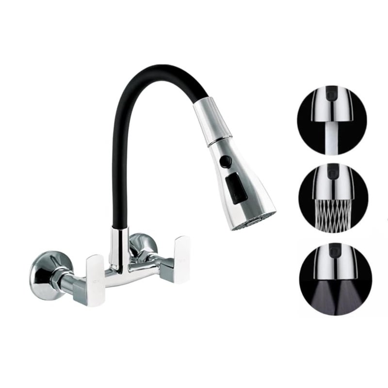 10X Brass Sink Mixer 3 Way SM5664 Chrome Black Flexible Spout Wall Mount HotCold Triple Flow - Image 2
