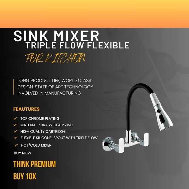 10X Brass Sink Mixer 3 Way SM5664 Chrome Black Flexible Spout Wall Mount HotCold Triple Flow - Image 3