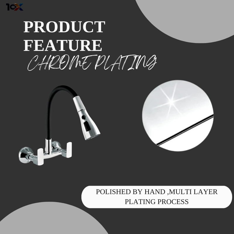 10X Brass Sink Mixer 3 Way SM5664 Chrome Black Flexible Spout Wall Mount HotCold Triple Flow - Image 4