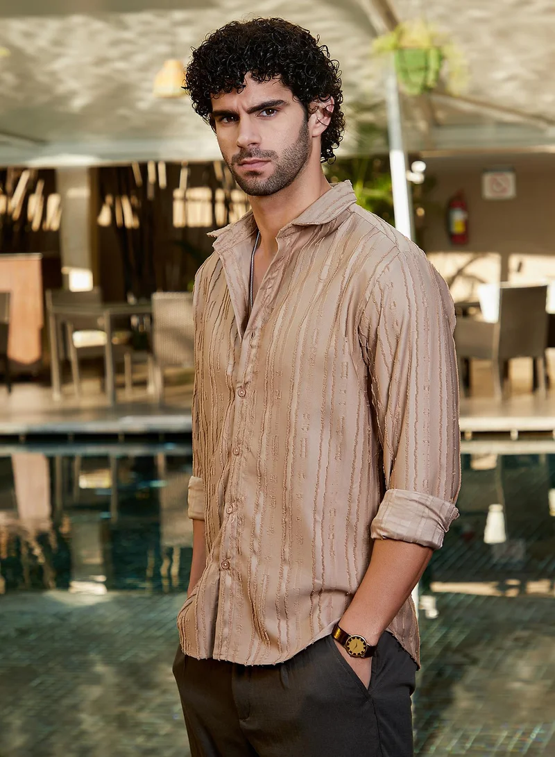 كامبوس سوترا Men's Camel Beige Ripple-Edge Shirt