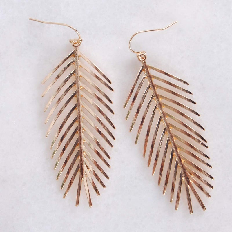 Humble Chic NY Palm Leaf Dangle Earrings for Women - Boho Gold Tone Leaf Earrings for Women, Long Hanging Tropical Tree Frond Drops - Large Dangly Bohemian Lightweight Dangling Leaves - 3" Inch Gold Tone - Image 3