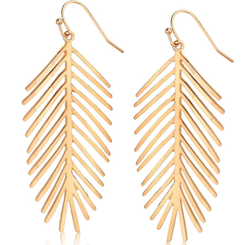 Humble Chic NY Palm Leaf Dangle Earrings for Women - Boho Gold Tone Leaf Earrings for Women, Long Hanging Tropical Tree Frond Drops - Large Dangly Bohemian Lightweight Dangling Leaves - 3" Inch Gold Tone - Image 1
