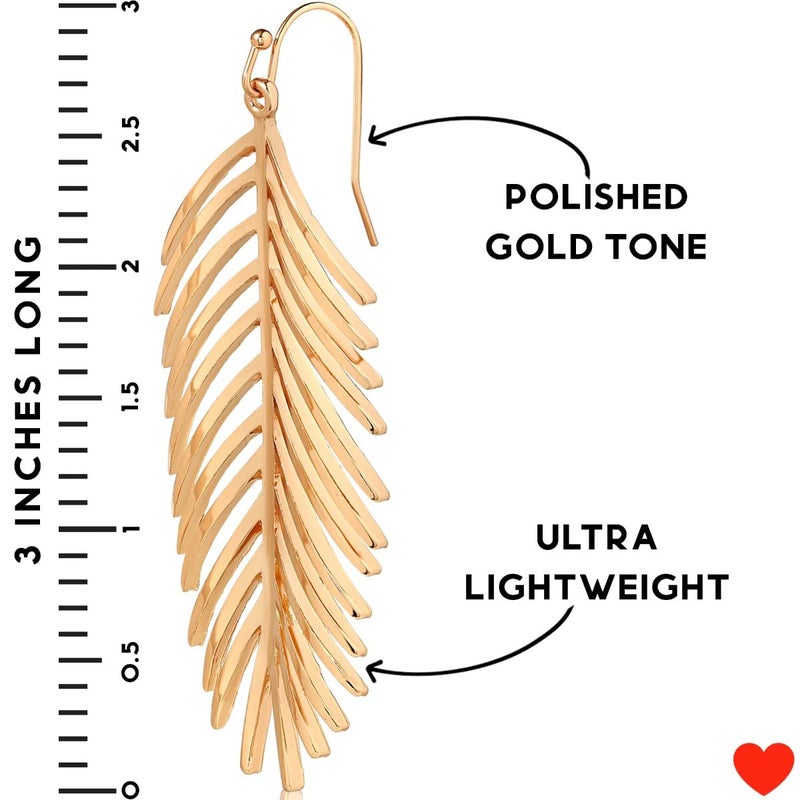 Humble Chic NY Palm Leaf Dangle Earrings for Women - Boho Gold Tone Leaf Earrings for Women, Long Hanging Tropical Tree Frond Drops - Large Dangly Bohemian Lightweight Dangling Leaves - 3" Inch Gold Tone - Image 4