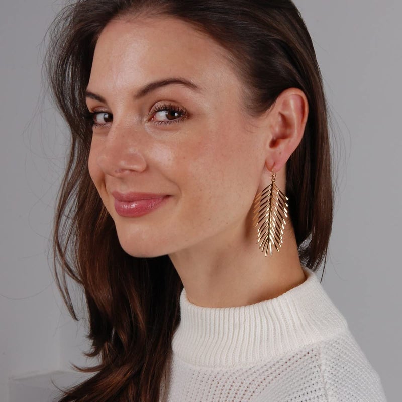 Humble Chic NY Palm Leaf Dangle Earrings for Women - Boho Gold Tone Leaf Earrings for Women, Long Hanging Tropical Tree Frond Drops - Large Dangly Bohemian Lightweight Dangling Leaves - 3" Inch Gold Tone - Image 2