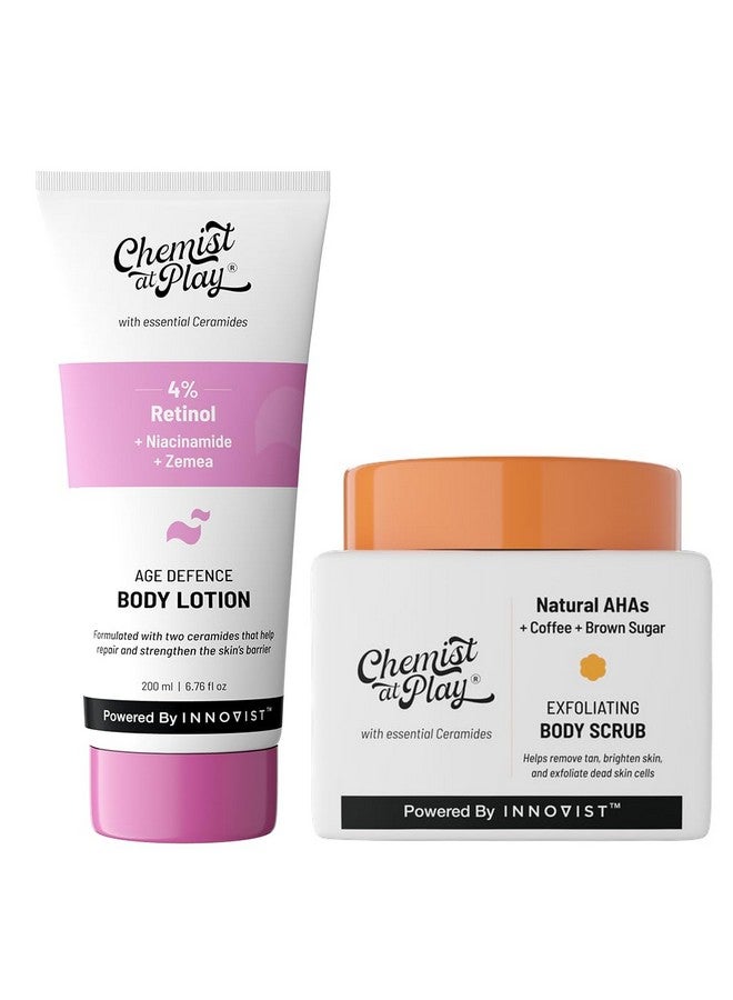 كيميست_أت_بلاي لوشن الجسم المضاد للشيخوخة مع 4% ريتينول ونياسيناميد وزيميا 200 مل + مقشر للجسم لإزالة السمرة وخلايا الجلد الميتة | يساعد في علاج البشرة الخشنة والمتشققة والمسمرة والمتصبغة 75 جم - Image 1