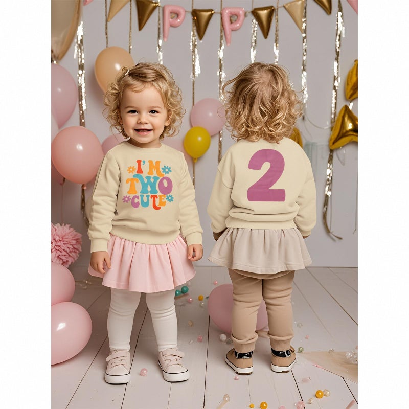 KEKEMI Birthday Sweatshirt for Toddler Girl Iâ€™M TWO CUTE Birthday Girl Outfit 2T B-Day Party Long Sleeve Shirt Cute Fall Tops(Beige,2T) - Image 3