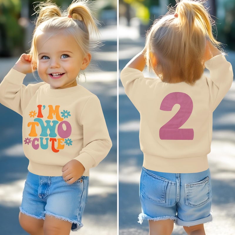 KEKEMI Birthday Sweatshirt for Toddler Girl Iâ€™M TWO CUTE Birthday Girl Outfit 2T B-Day Party Long Sleeve Shirt Cute Fall Tops(Beige,2T) - Image 2