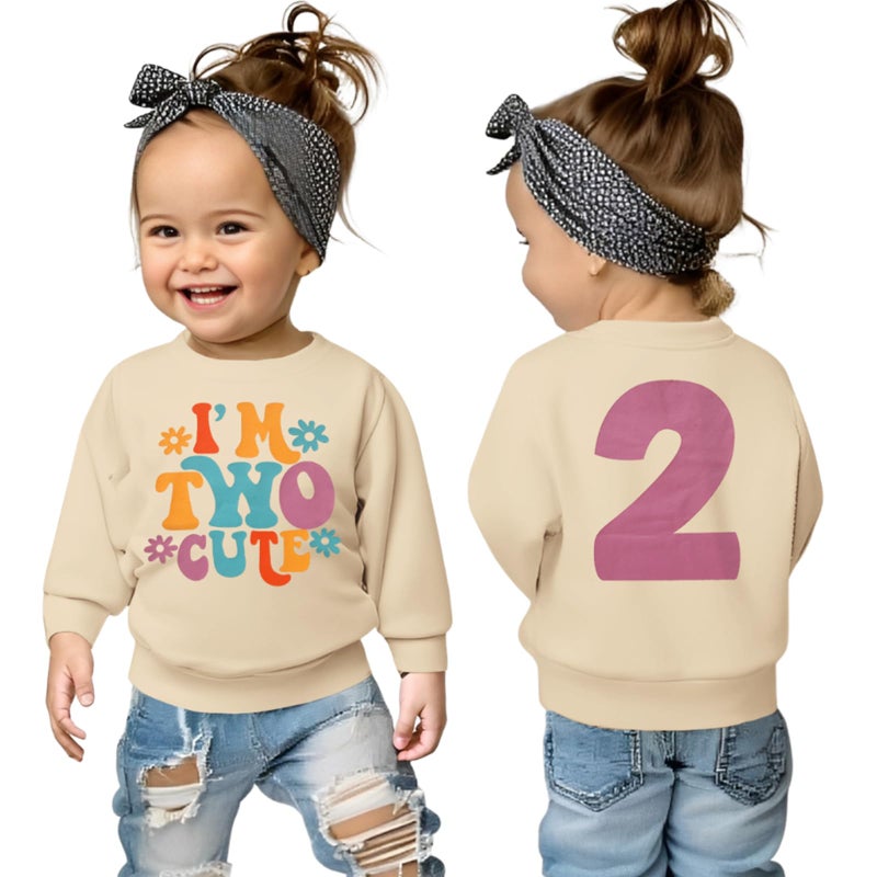 KEKEMI Birthday Sweatshirt for Toddler Girl Iâ€™M TWO CUTE Birthday Girl Outfit 2T B-Day Party Long Sleeve Shirt Cute Fall Tops(Beige,2T) - Image 1
