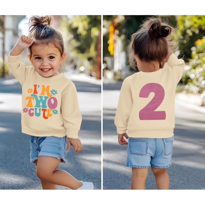 KEKEMI Birthday Sweatshirt for Toddler Girl Iâ€™M TWO CUTE Birthday Girl Outfit 2T B-Day Party Long Sleeve Shirt Cute Fall Tops(Beige,2T) - Image 4