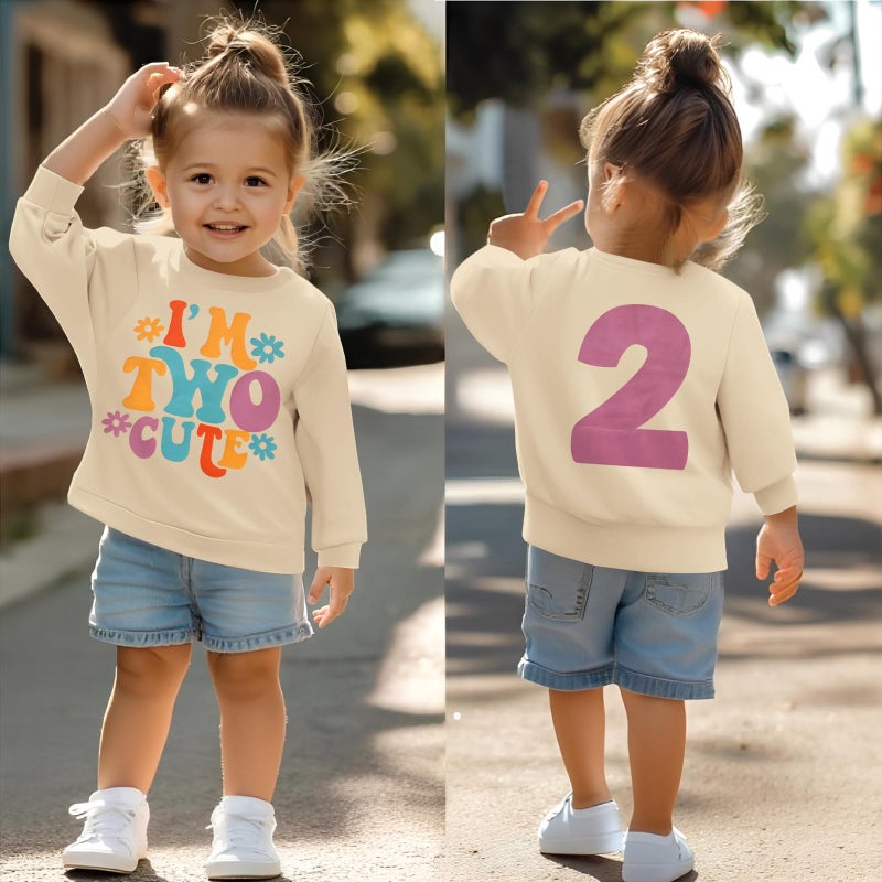 KEKEMI Birthday Sweatshirt for Toddler Girl Iâ€™M TWO CUTE Birthday Girl Outfit 2T B-Day Party Long Sleeve Shirt Cute Fall Tops(Beige,2T) - Image 5