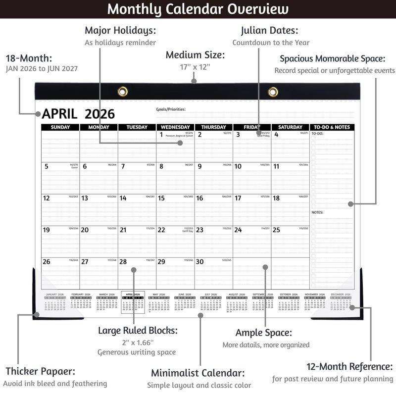 BowCuk 2026-2027 Desk Calendar â€“ Run Now to MAR. 2027, 18 Monthly Desk Calendar 2026-2027 Large, 17'' x 12'', Best Desk/Wall Calendar 2026 with To-do Lists, Desk Pad, Ruled Blocks, Corner Protectors - Image 4