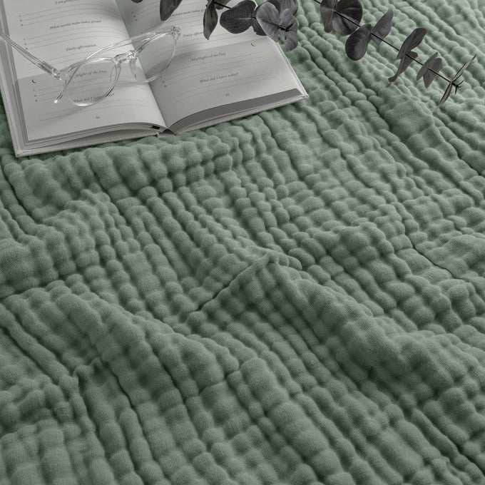MUSLIN THROW BLANKET 50 X 60 QUILTED DESIGN LIGHTWEIGHT BREATHABLE 6LAYER GAUZE FABRIC SOFT COTTON BLANKET FOR HOME OR TRAVEL PACKAGED IN ELEGANT GIFT BOX FERN