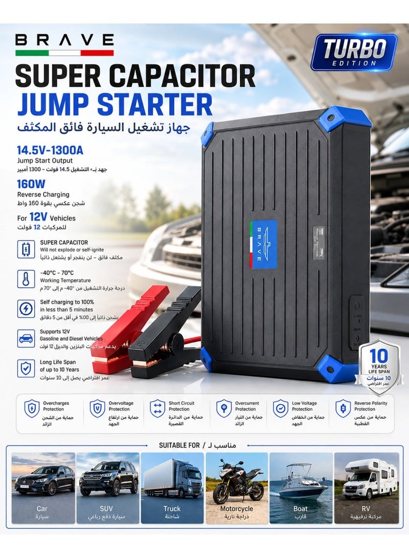 Brave 1300A Super Capacitor Jump Starter 12V | Battery-Free Emergency Car Battery Booster, Self-Charging in 3 Minutes | Turbo Charging Technology, Portable Heavy-Duty Car Starter with Carry Case | For Cars, SUVs, Trucks, Vans & 12V Vehicles | All-Weather Desert Ready for UAE, Saudi Arabia, Kuwait, Qatar, Bahrain, Oman & More | Black - Image 1