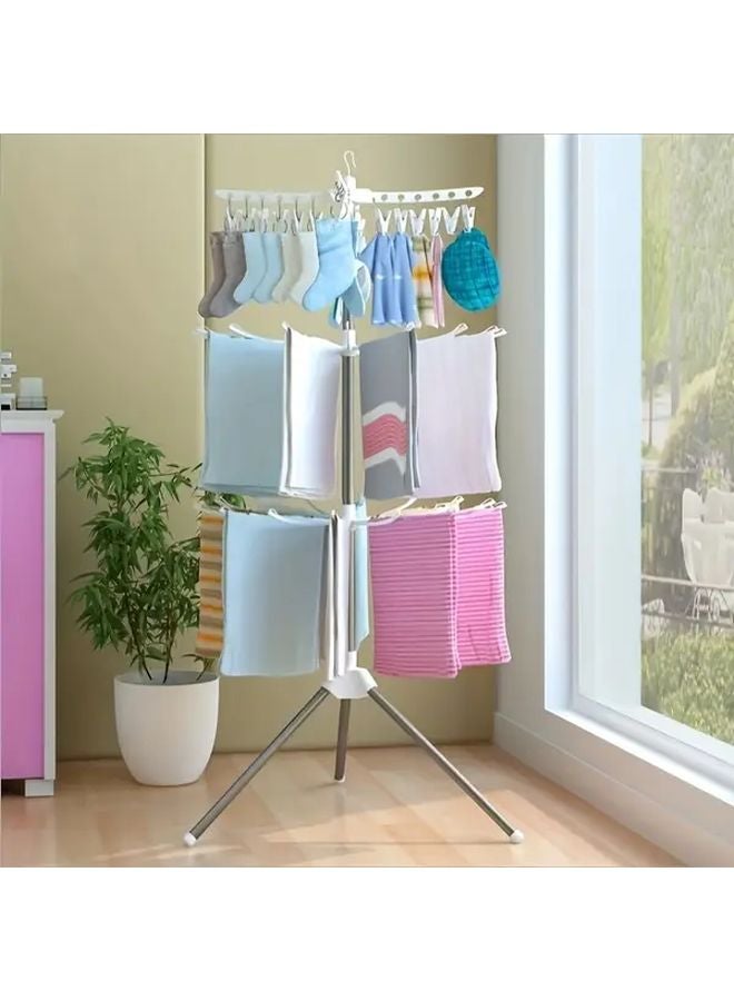 Two Layers White Rotating Laundry Rack 360 Degree Stainless Steel Folding Drying Stand For Home And Travel Easy Assembly - Image 2