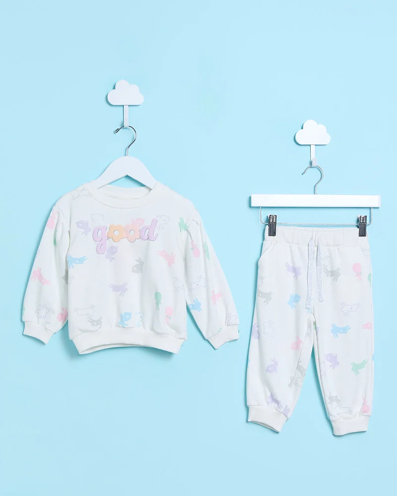 REDTAG Infant Girls Ivory Printed Active Jogging Suit (2 Piece)
