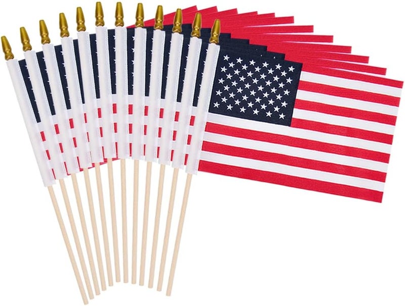 Uelfbaby 12 Pack Small American Flags on Stick Small US Flags/Mini American Flags for Outside 8x12 Inch American Hand Held Stick Flags with Kid-Safe Spear Top, Patriotic Veterans Day Decorations, 4th of July Decorations - Image 1