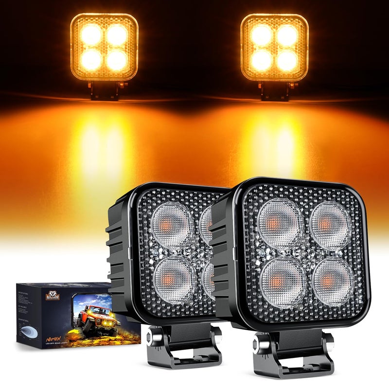 Nilight Nilight 2PCS 3Inch 15W Amber LED Pods Square Built-in EMC Work Light 90° Flood Beam Angle for Offroad Lights Side Light Rear Back-Up Light for Tractor Truck Motorcycle Boat ATV UTV, 5 Years Warranty - Image 1