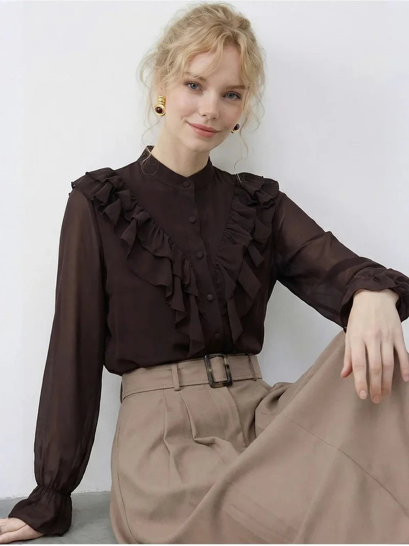 بيانكو لوتشي LUCCI Frilly Mandarin Collar Long Sleeve Chiffon Shirt