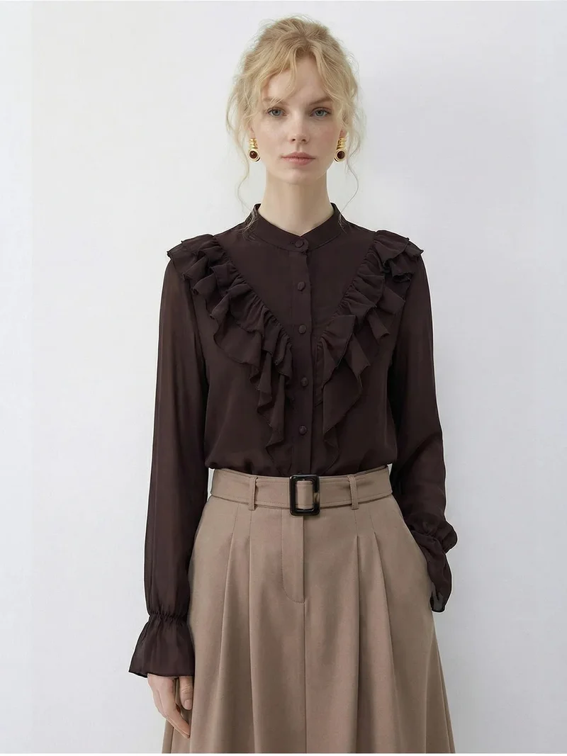 Bianco Lucci LUCCI Frilly Mandarin Collar Long Sleeve Chiffon Shirt