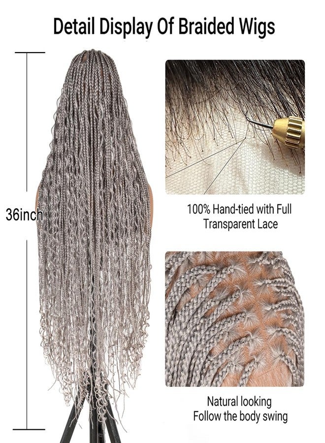 SUPERNOVA #Grey Full Lace Bohemian Box Braided Wigs with Curly Ends 36inch Long Wavy Colored Square Knotless 360 Full Lace Synthetic Hair Boho Braided Wig For Black Women Knotless Box Braids Wig - Image 3