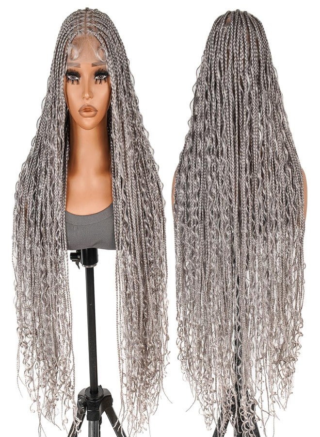 SUPERNOVA #Grey Full Lace Bohemian Box Braided Wigs with Curly Ends 36inch Long Wavy Colored Square Knotless 360 Full Lace Synthetic Hair Boho Braided Wig For Black Women Knotless Box Braids Wig - Image 1