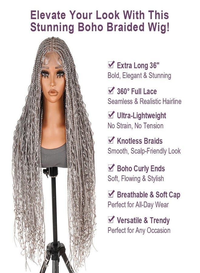 SUPERNOVA #Grey Full Lace Bohemian Box Braided Wigs with Curly Ends 36inch Long Wavy Colored Square Knotless 360 Full Lace Synthetic Hair Boho Braided Wig For Black Women Knotless Box Braids Wig - Image 4